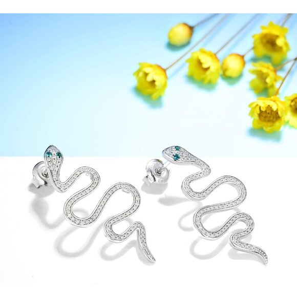 925 Sterling Silver Snake Dangle Earrings with Cubic Zirconia for Women - Picture 8 of 9
